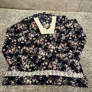About A Girl Black Floral Lace Blouse size Large cottage core Shear layering.